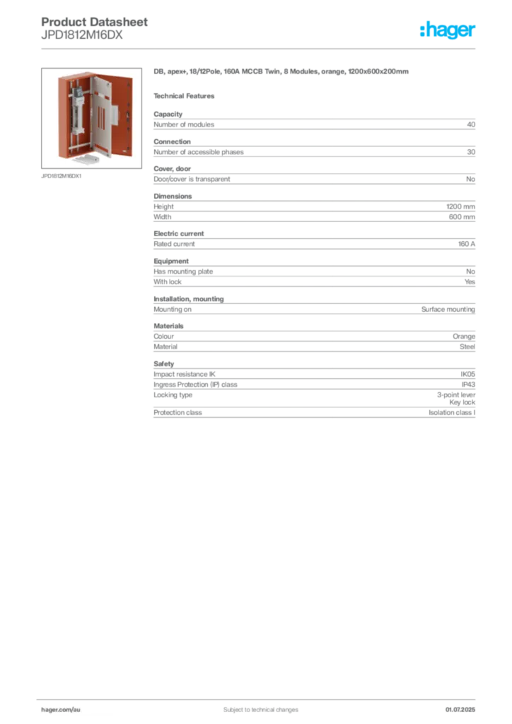 Image Hager Product data sheet JPD1812M16DX  | Hager Australia