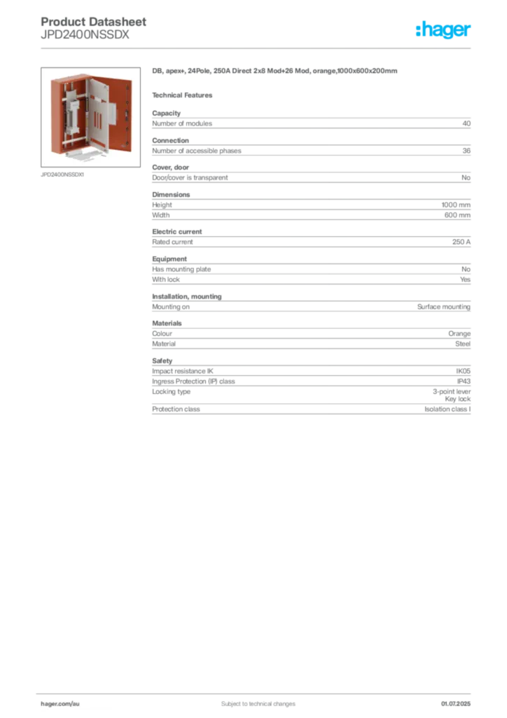 Image Hager Product data sheet JPD2400NSSDX  | Hager Australia