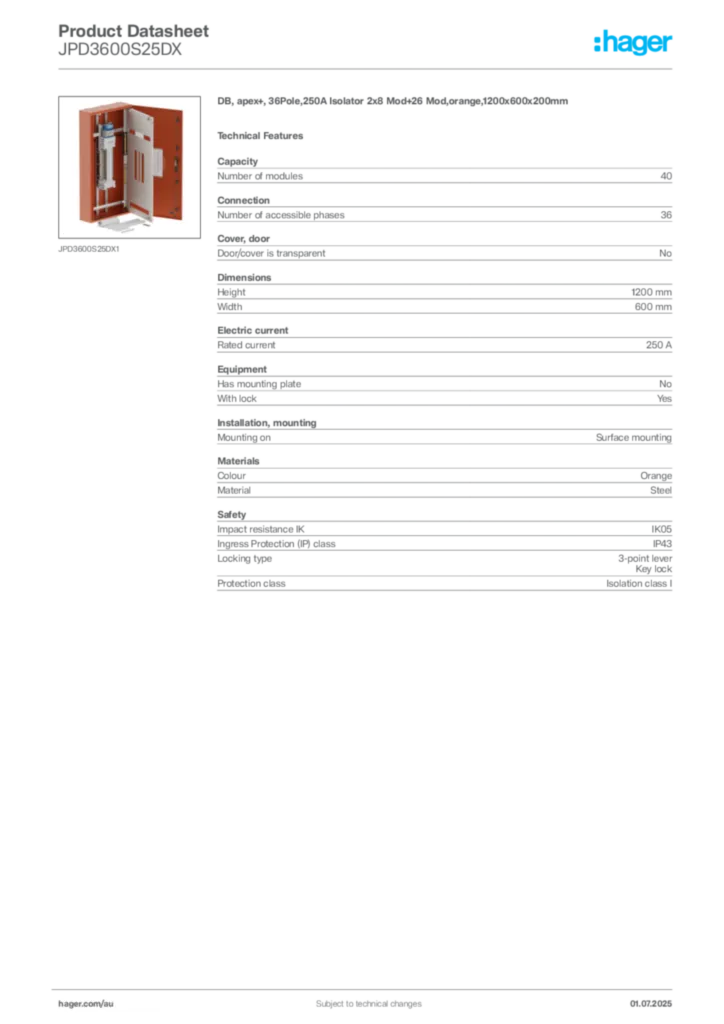 Image Hager Product data sheet JPD3600S25DX  | Hager Australia