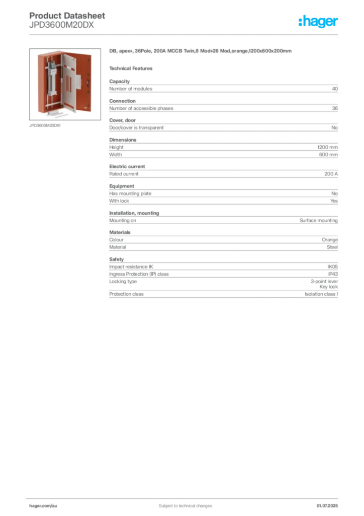 Image Hager Product data sheet JPD3600M20DX  | Hager Australia