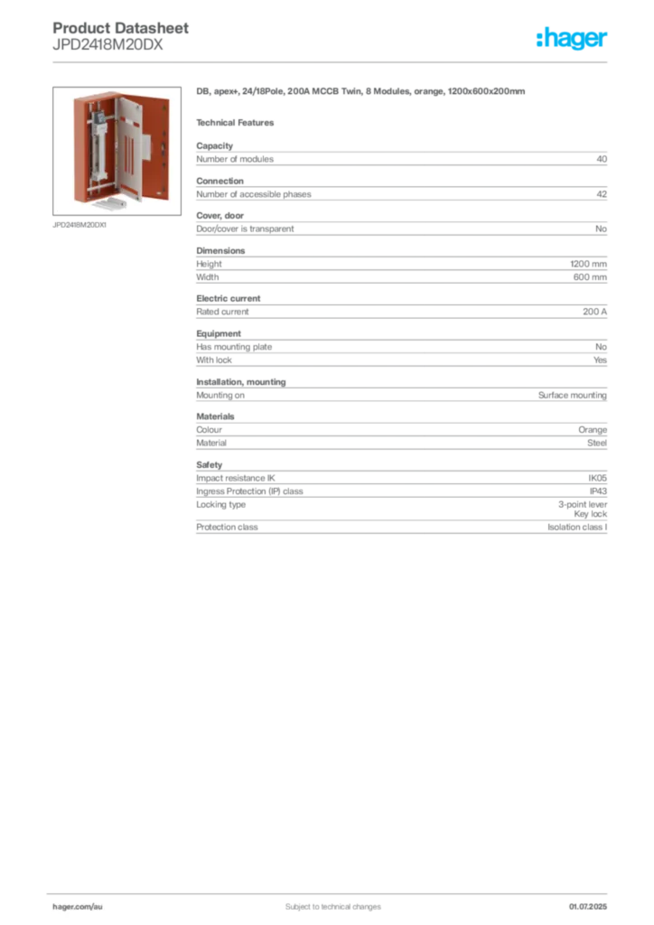 Image Hager Product data sheet JPD2418M20DX  | Hager Australia