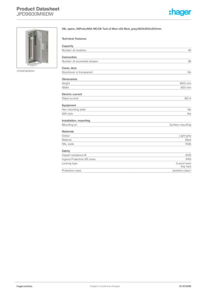 Image Hager Product data sheet JPD9600M16DW  | Hager Australia