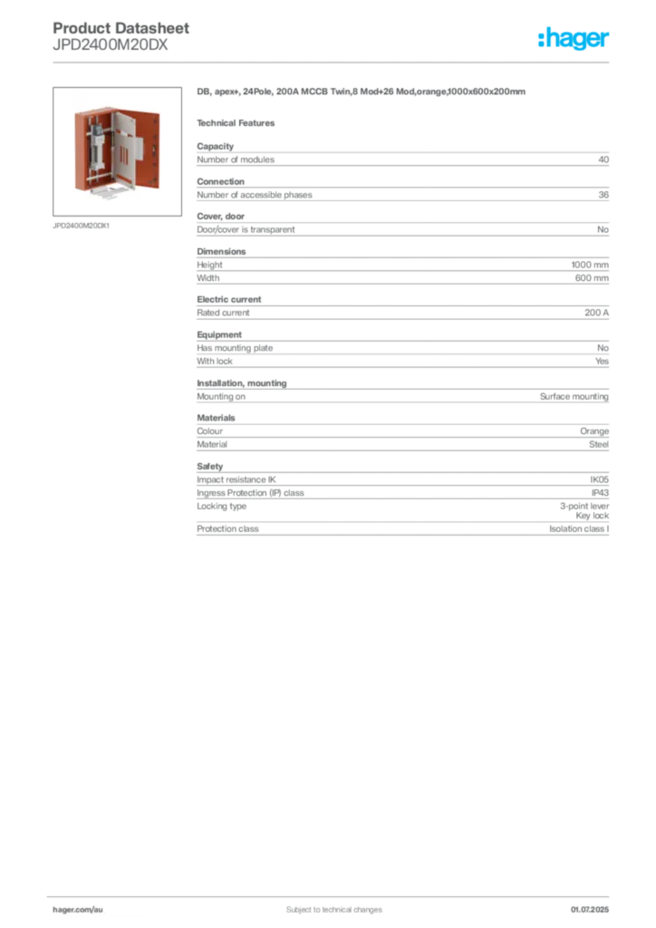 Image Hager Product data sheet JPD2400M20DX  | Hager Australia