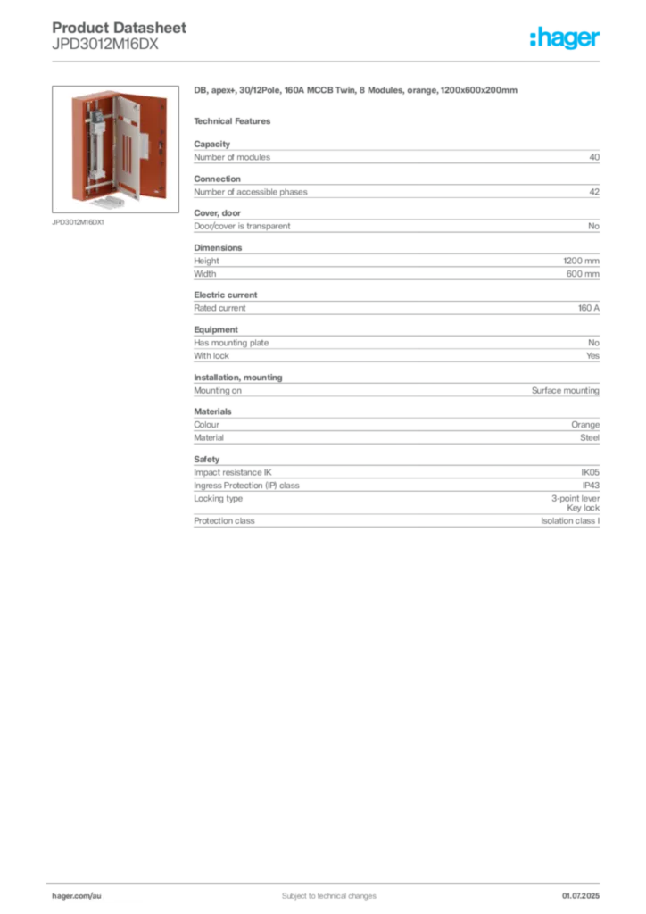Image Hager Product data sheet JPD3012M16DX  | Hager Australia