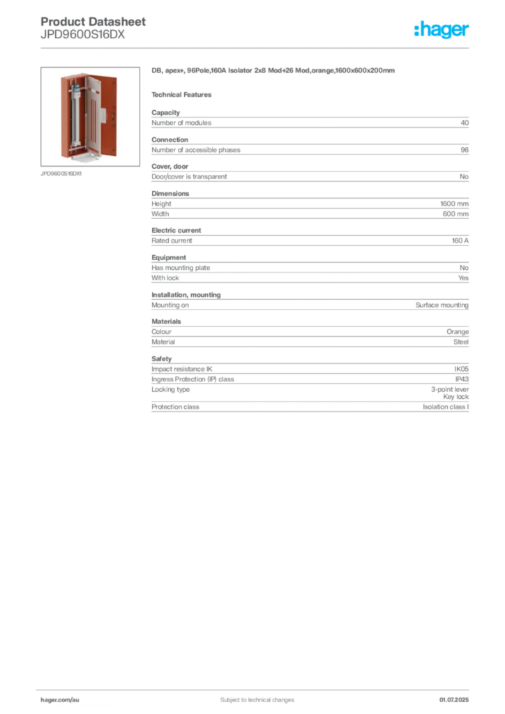 Image Hager Product data sheet JPD9600S16DX  | Hager Australia