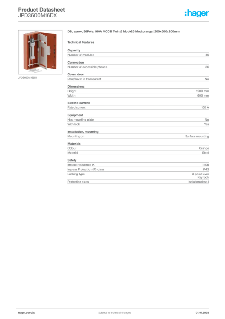 Image Hager Product data sheet JPD3600M16DX  | Hager Australia