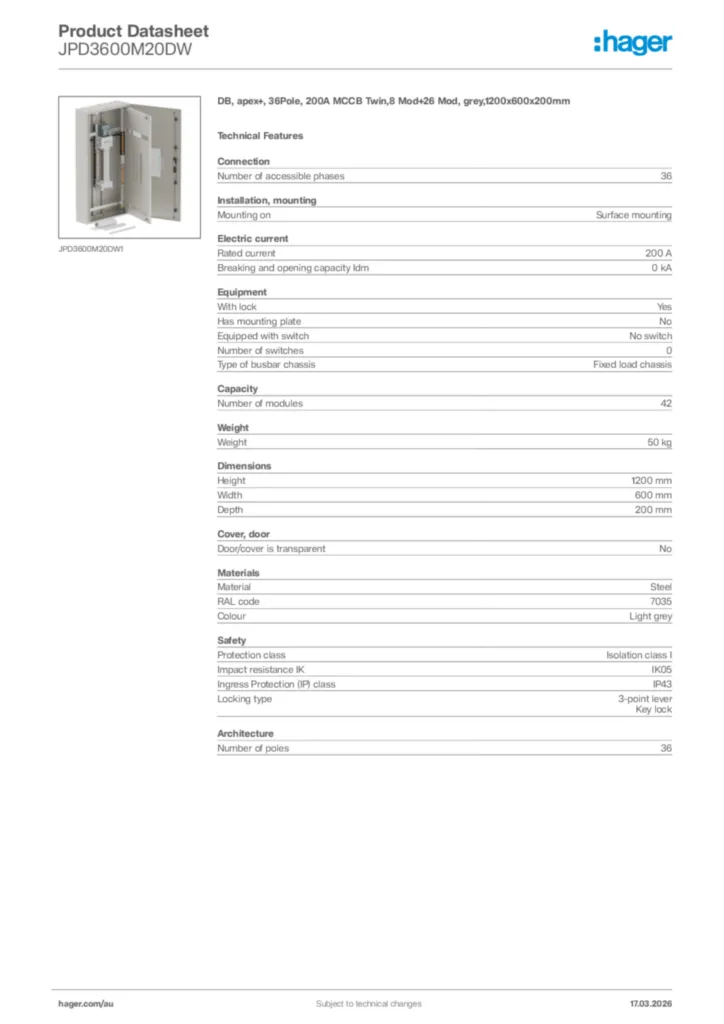 Image Hager Product data sheet JPD3600M20DW  | Hager Australia