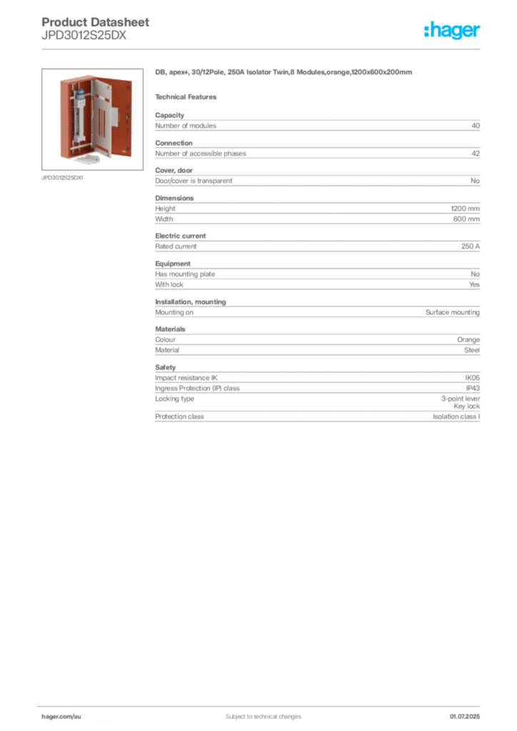 Image Hager Product data sheet JPD3012S25DX  | Hager Australia