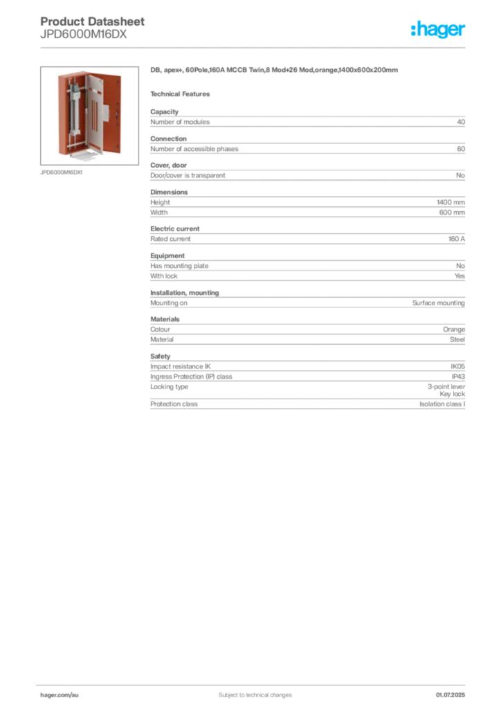 Image Hager Product data sheet JPD6000M16DX  | Hager Australia