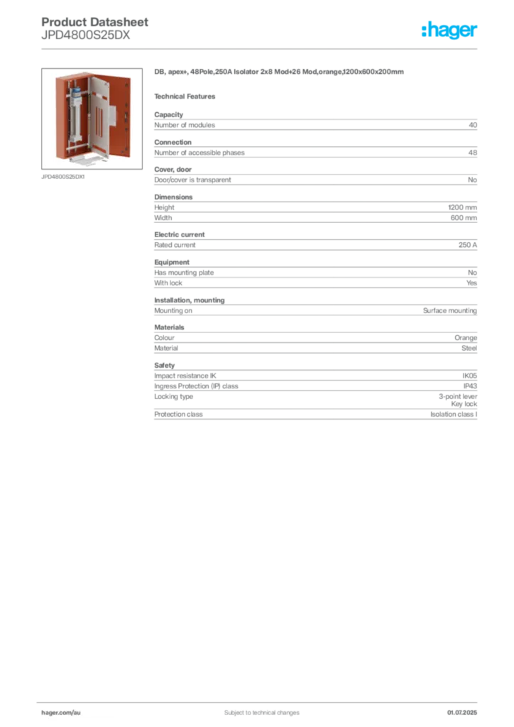 Image Hager Product data sheet JPD4800S25DX  | Hager Australia