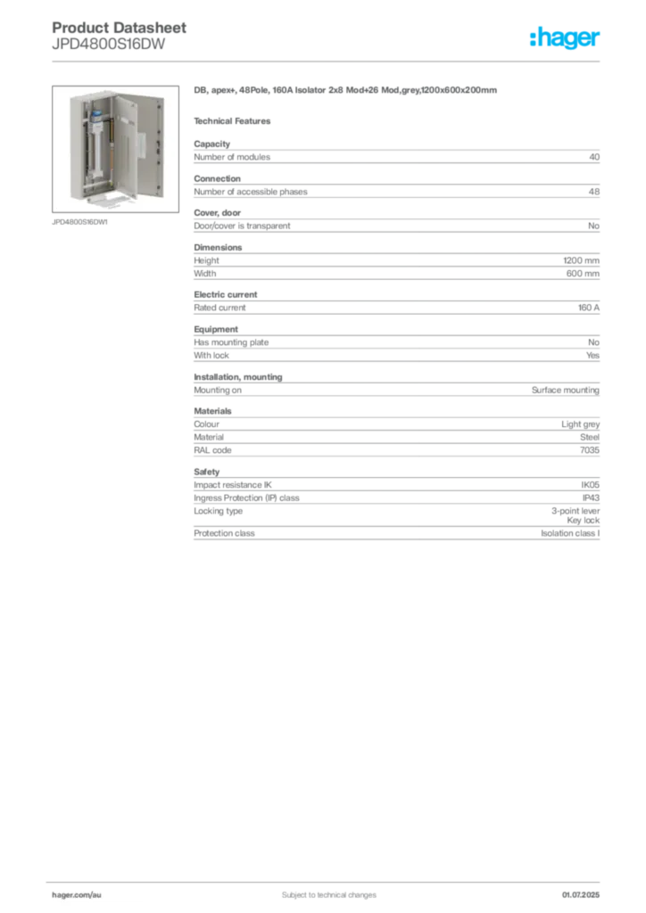 Image Hager Product data sheet JPD4800S16DW  | Hager Australia