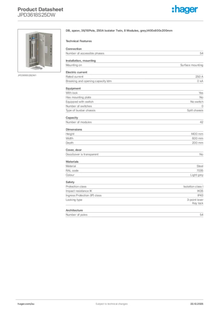 Image Hager Product data sheet JPD3618S25DW  | Hager Australia