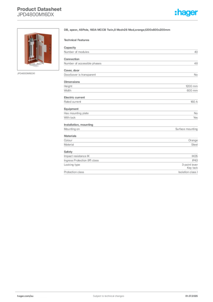 Image Hager Product data sheet JPD4800M16DX  | Hager Australia