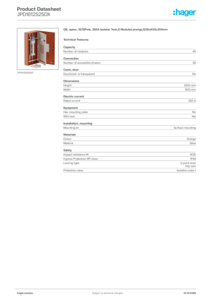Image Hager Product data sheet JPD1812S25DX  | Hager Australia