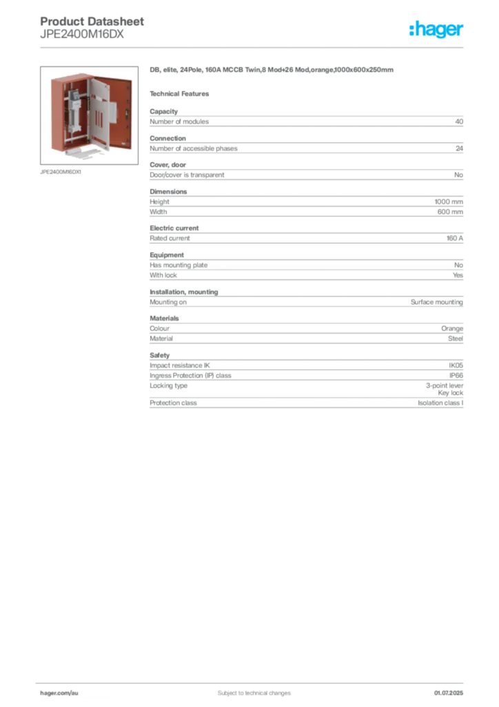 Image Hager Product data sheet JPE2400M16DX  | Hager Australia