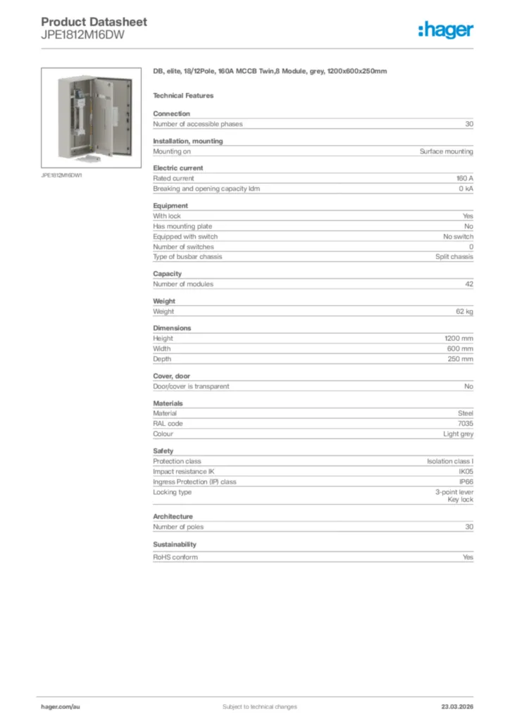 Image Hager Product data sheet JPE1812M16DW  | Hager Australia