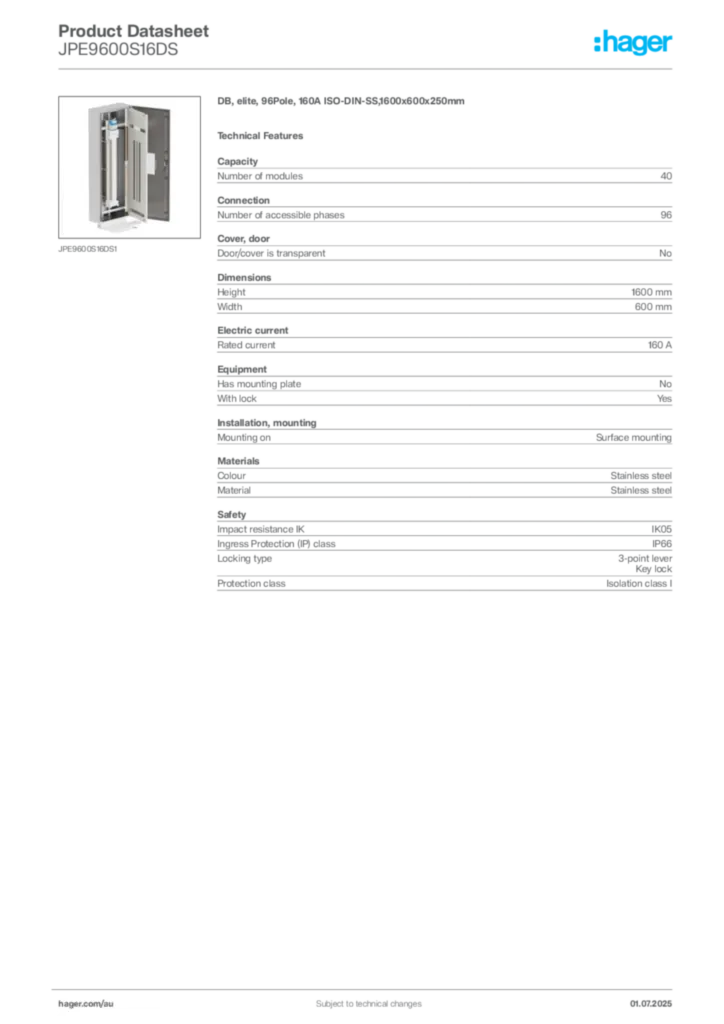 Image Hager Product data sheet JPE9600S16DS  | Hager Australia