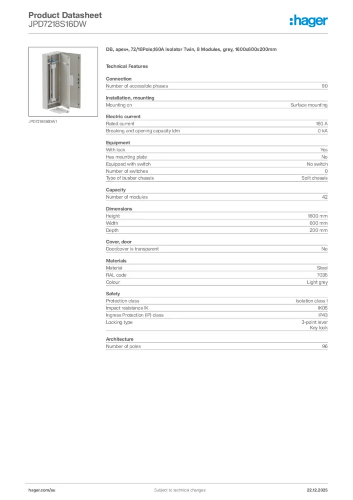 Image Hager Product data sheet JPD7218S16DW  | Hager Australia
