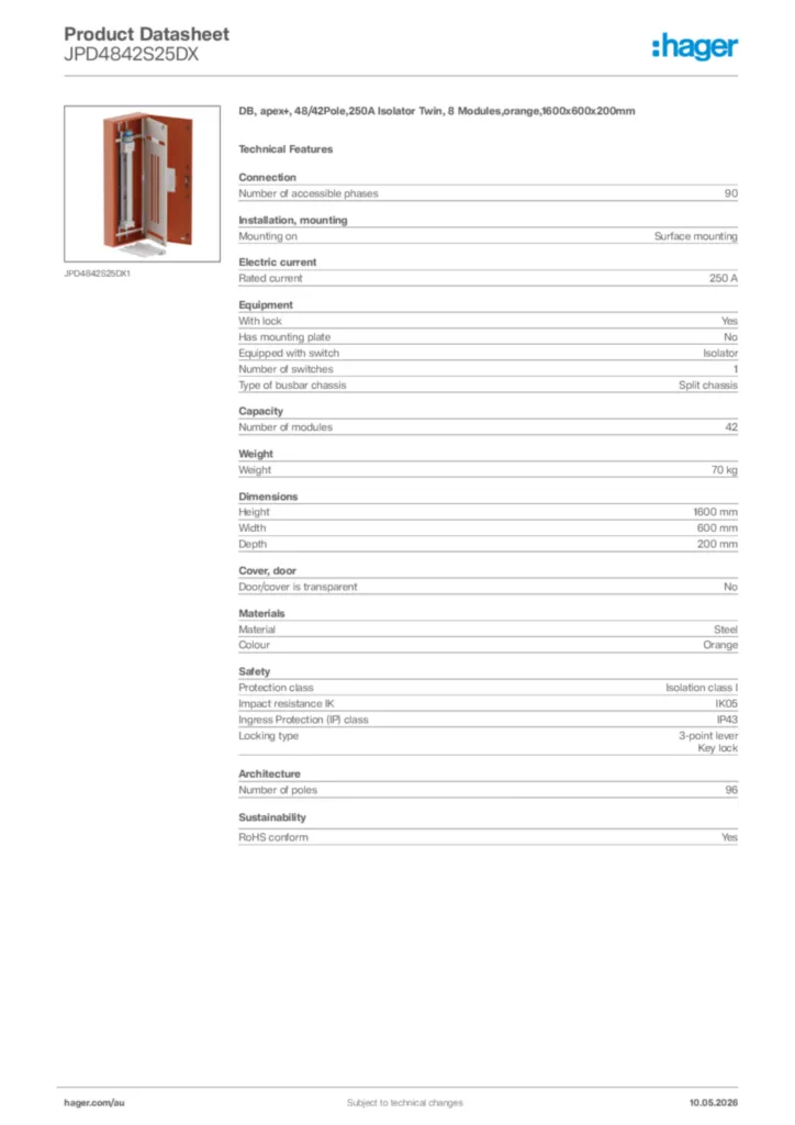Image Hager Product data sheet JPD4842S25DX  | Hager Australia