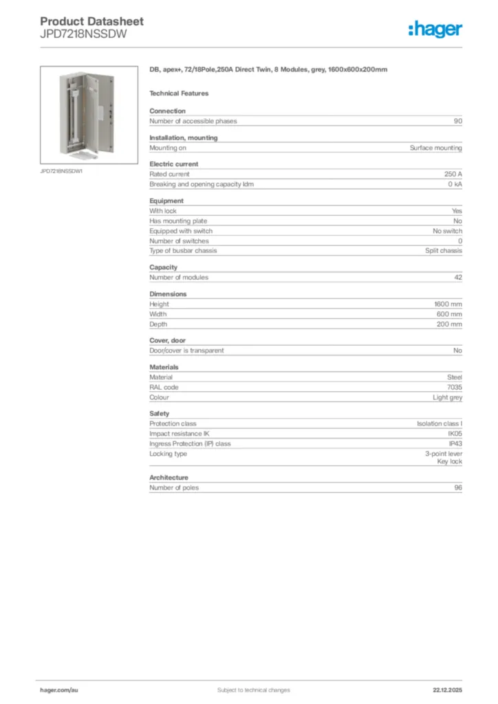 Image Hager Product data sheet JPD7218NSSDW  | Hager Australia