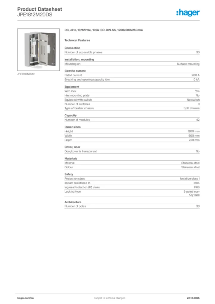 Image Hager Product data sheet JPE1812M20DS  | Hager Australia