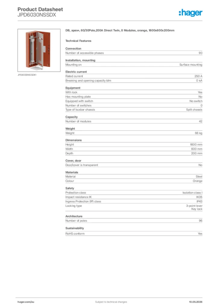 Image Hager Product data sheet JPD6030NSSDX  | Hager Australia