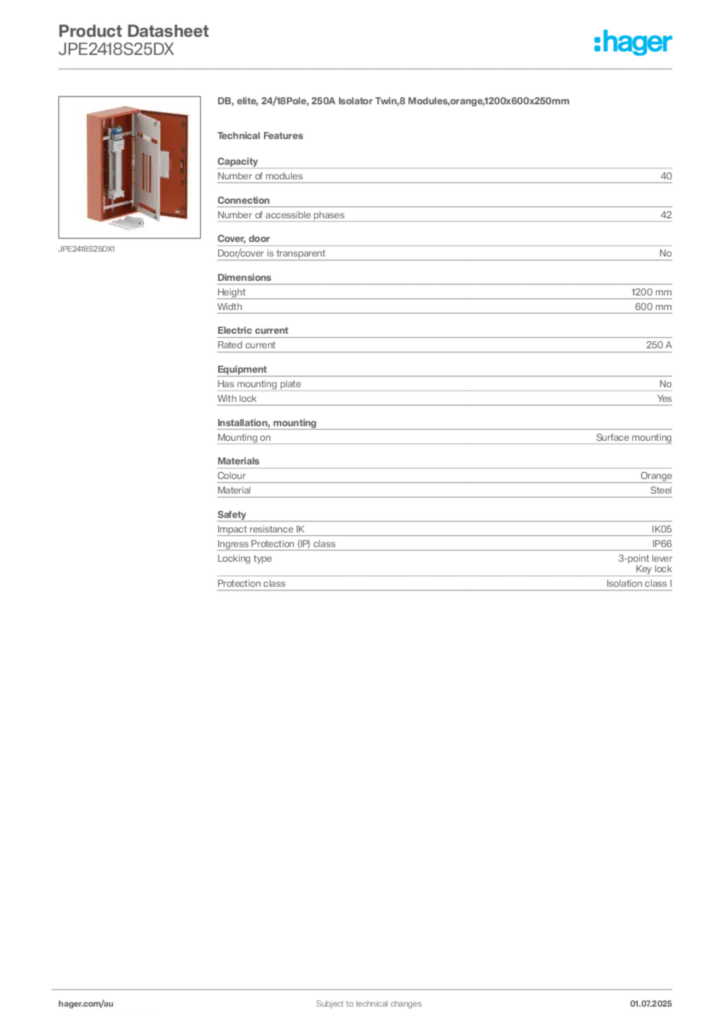 Image Hager Product data sheet JPE2418S25DX  | Hager Australia