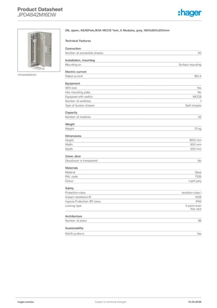 Image Hager Product data sheet JPD4842M16DW  | Hager Australia
