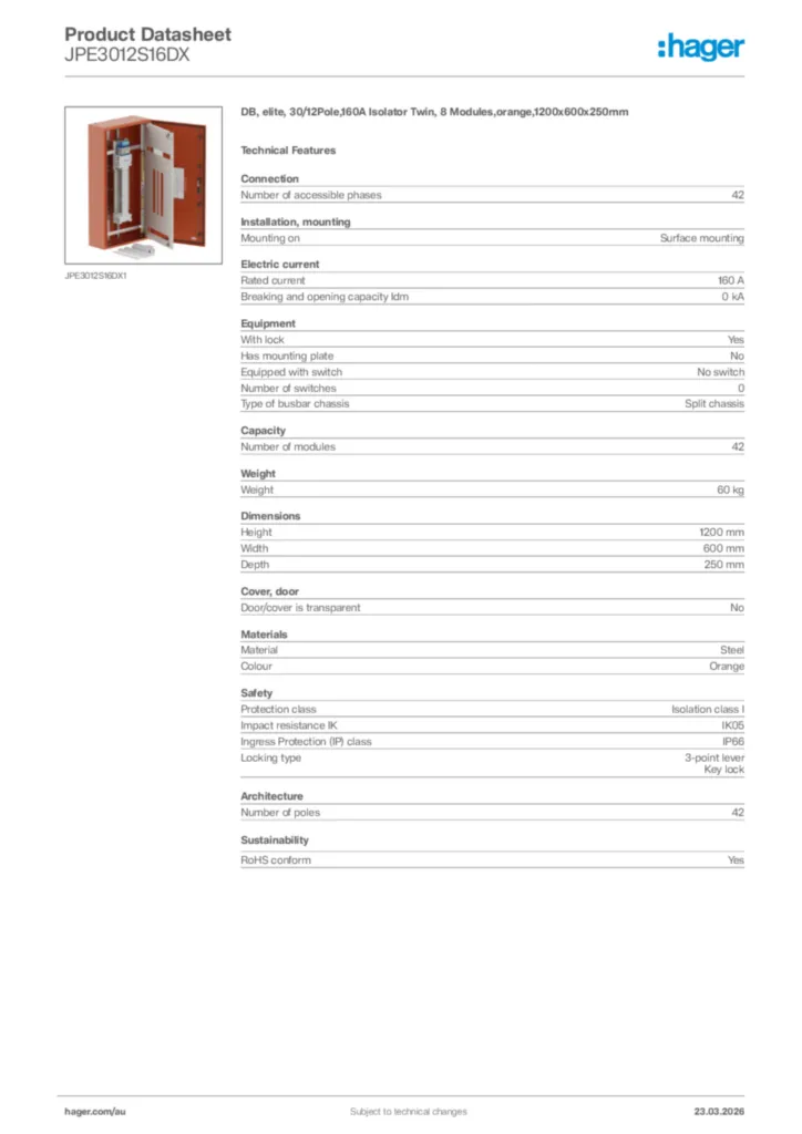 Image Hager Product data sheet JPE3012S16DX  | Hager Australia