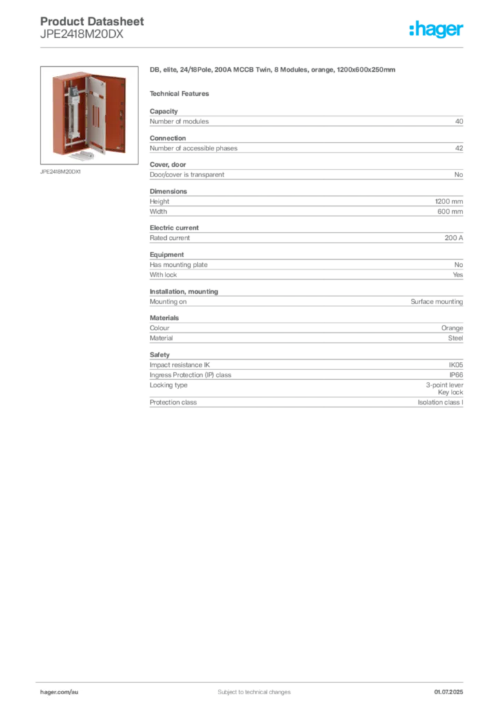 Image Hager Product data sheet JPE2418M20DX  | Hager Australia