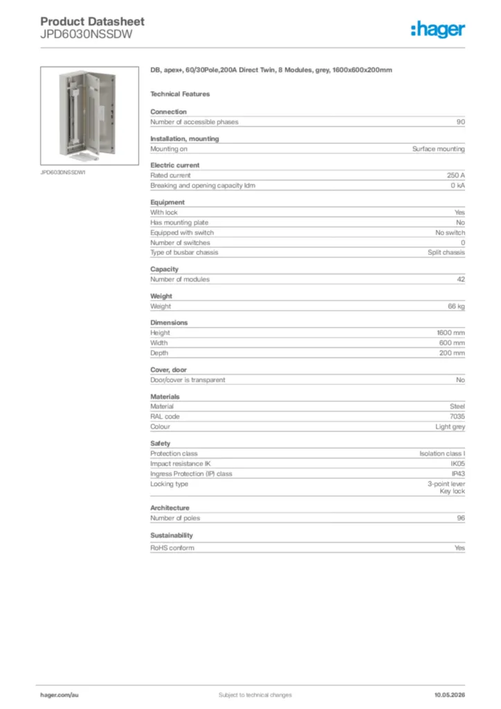 Image Hager Product data sheet JPD6030NSSDW  | Hager Australia