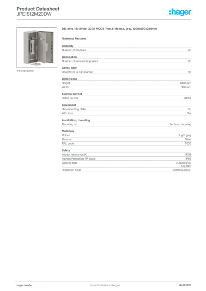 Image Hager Product data sheet JPE1812M20DW  | Hager Australia