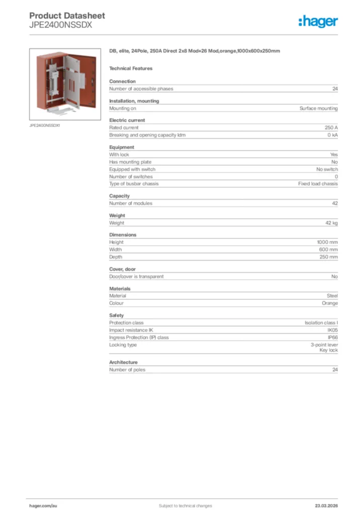 Image Hager Product data sheet JPE2400NSSDX  | Hager Australia