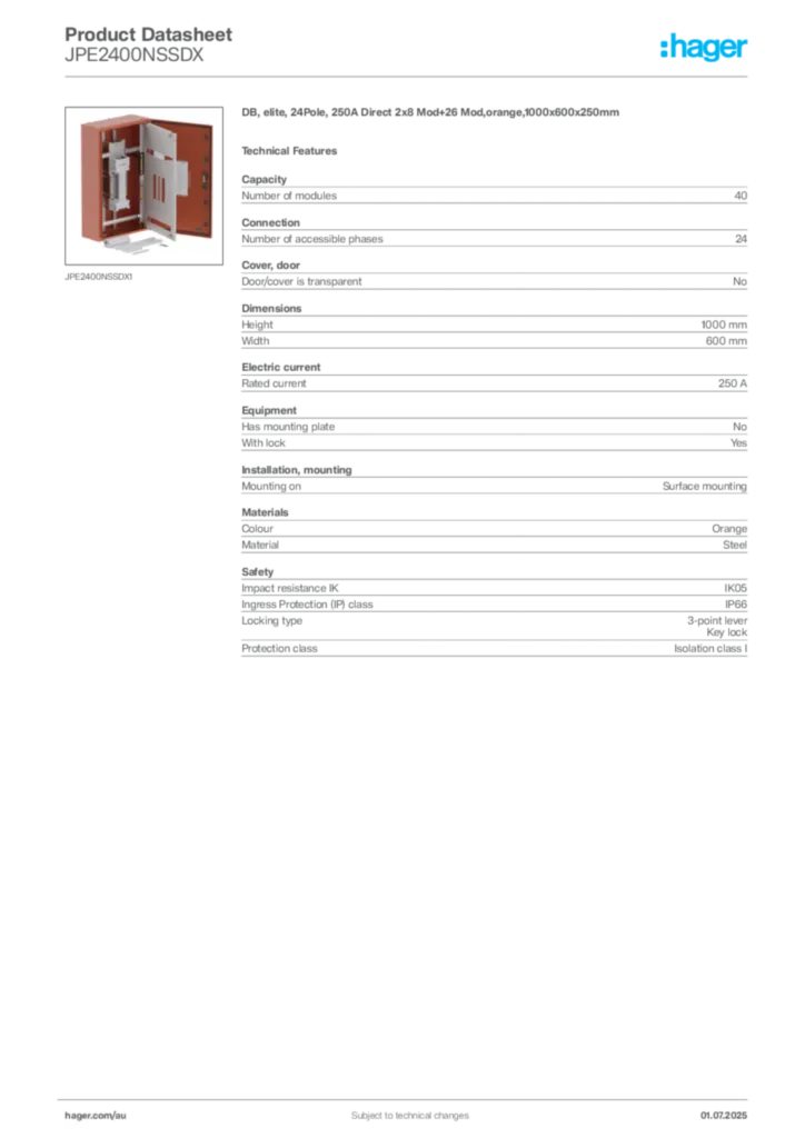 Image Hager Product data sheet JPE2400NSSDX  | Hager Australia