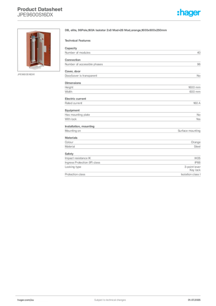 Image Hager Product data sheet JPE9600S16DX  | Hager Australia
