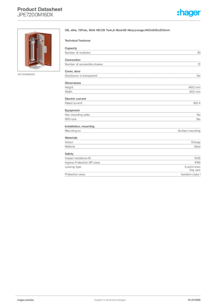 Image Hager Product data sheet JPE7200M16DX  | Hager Australia
