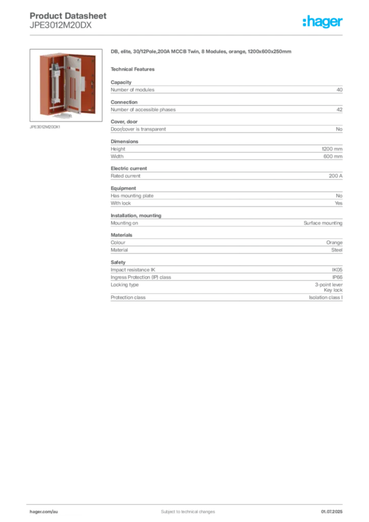 Image Hager Product data sheet JPE3012M20DX  | Hager Australia