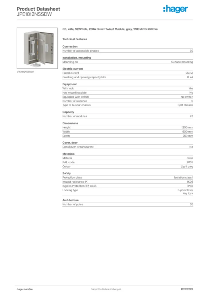 Image Hager Product data sheet JPE1812NSSDW  | Hager Australia