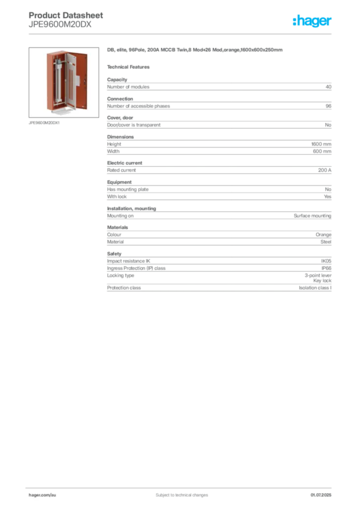 Image Hager Product data sheet JPE9600M20DX  | Hager Australia