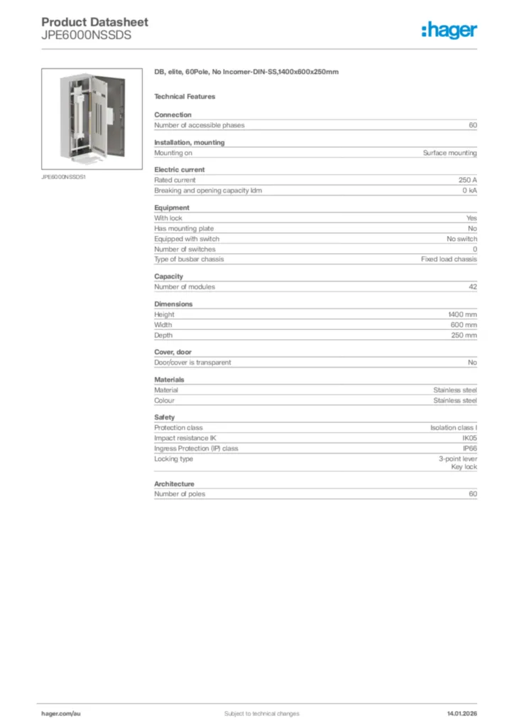 Image Hager Product data sheet JPE6000NSSDS  | Hager Australia