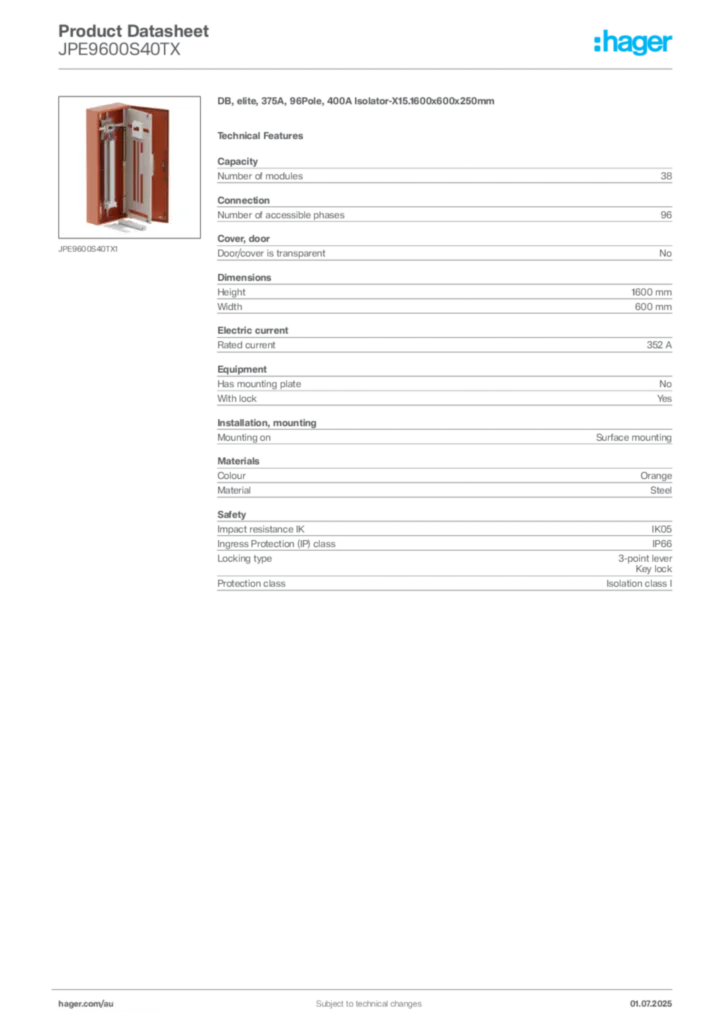 Image Hager Product data sheet JPE9600S40TX  | Hager Australia