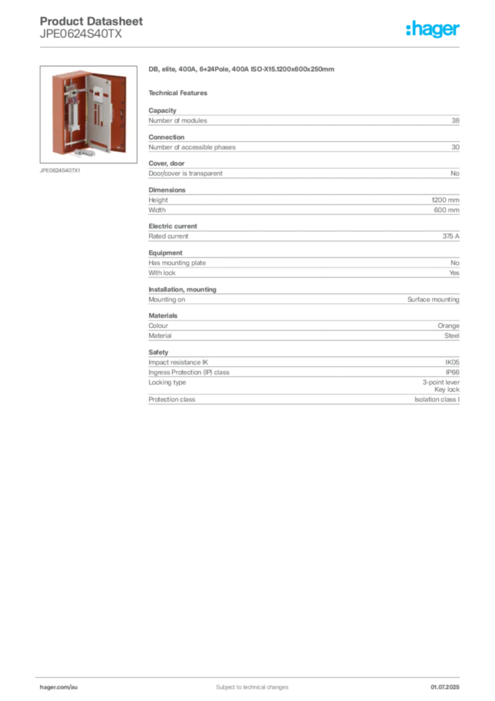 Image Hager Product data sheet JPE0624S40TX  | Hager Australia