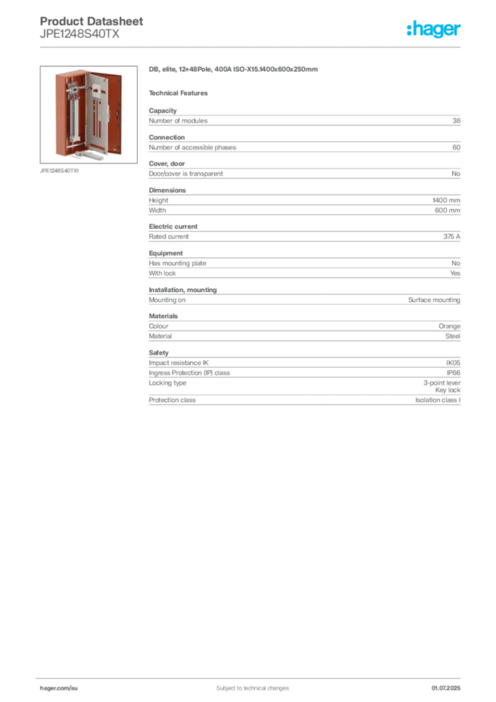 Image Hager Product data sheet JPE1248S40TX  | Hager Australia