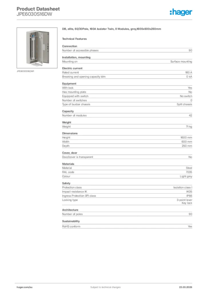 Image Hager Product data sheet JPE6030S16DW  | Hager Australia