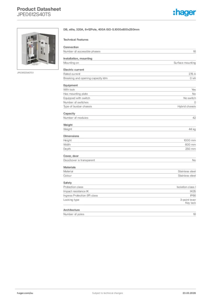 Image Hager Product data sheet JPE0612S40TS  | Hager Australia