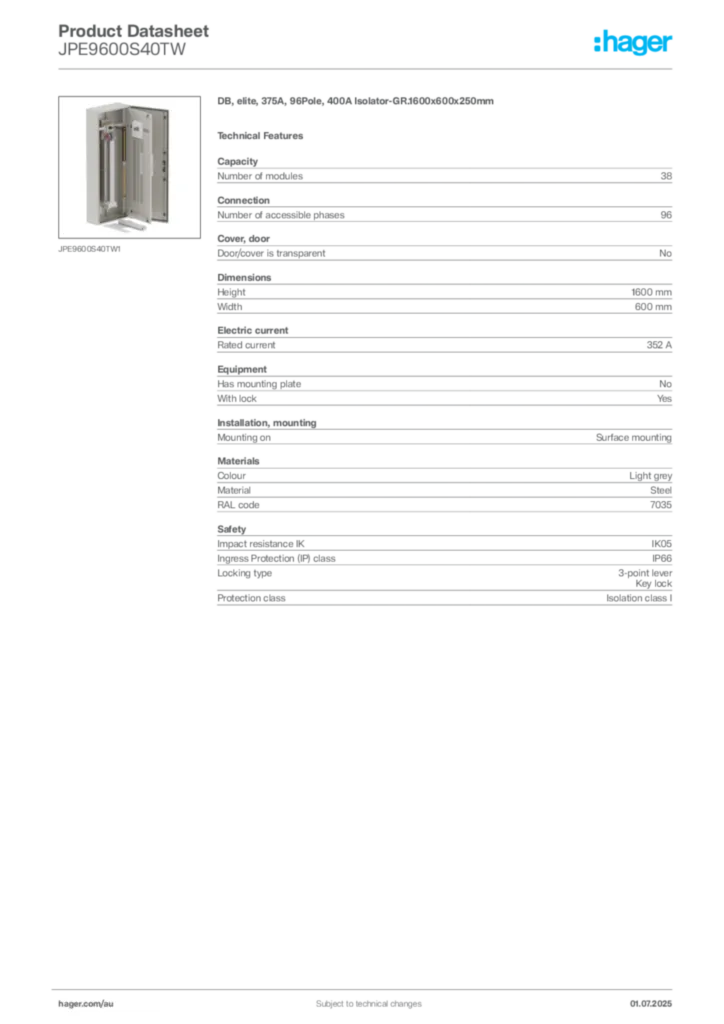 Image Hager Product data sheet JPE9600S40TW  | Hager Australia