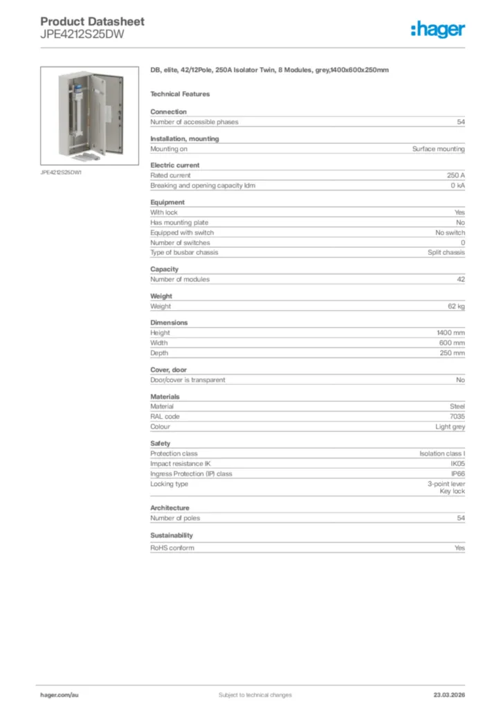 Image Hager Product data sheet JPE4212S25DW  | Hager Australia