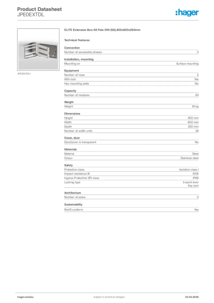 Image Hager Product data sheet JPE0EXTDL  | Hager Australia