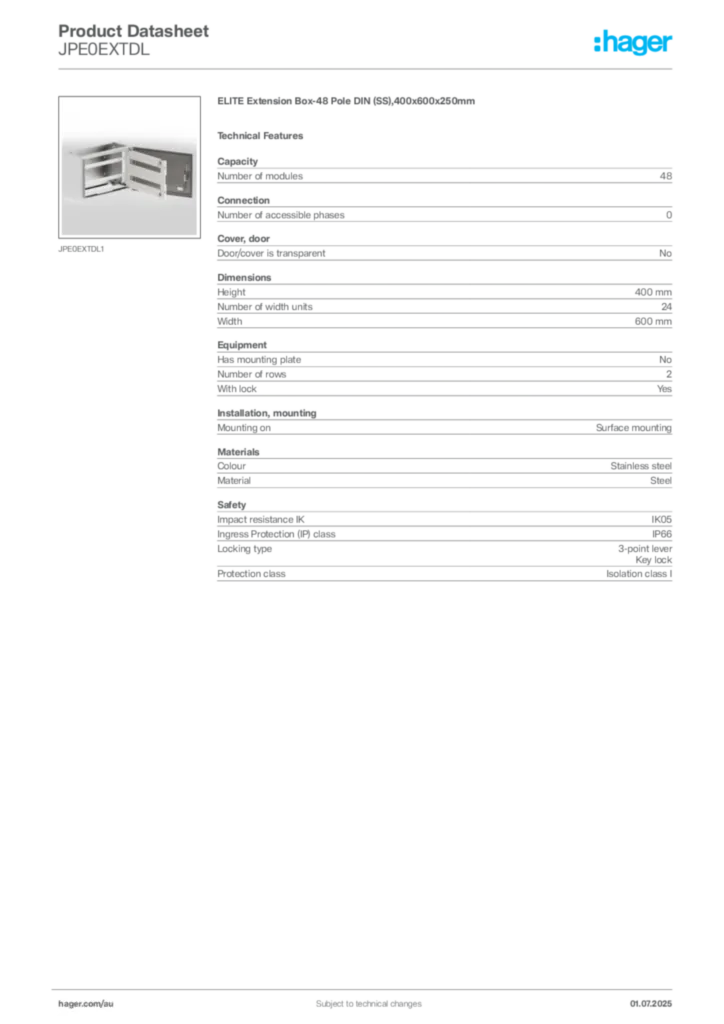 Image Hager Product data sheet JPE0EXTDL  | Hager Australia