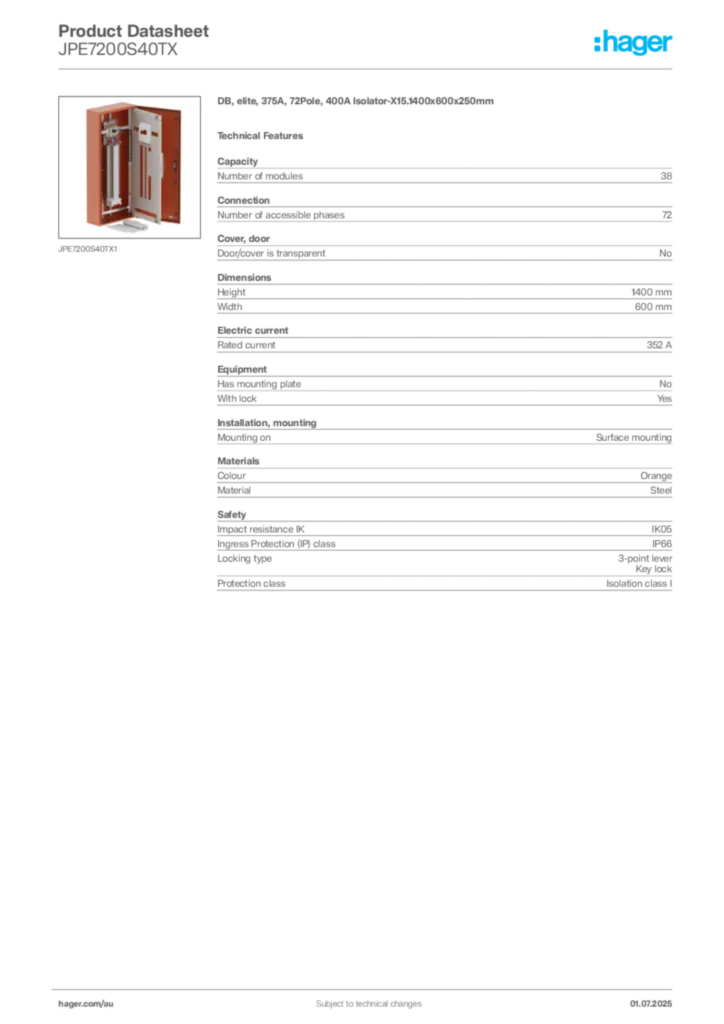 Image Hager Product data sheet JPE7200S40TX  | Hager Australia